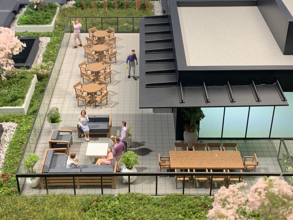 Rendering amenity roof top terrace seating at W16 by Olson Kundig 