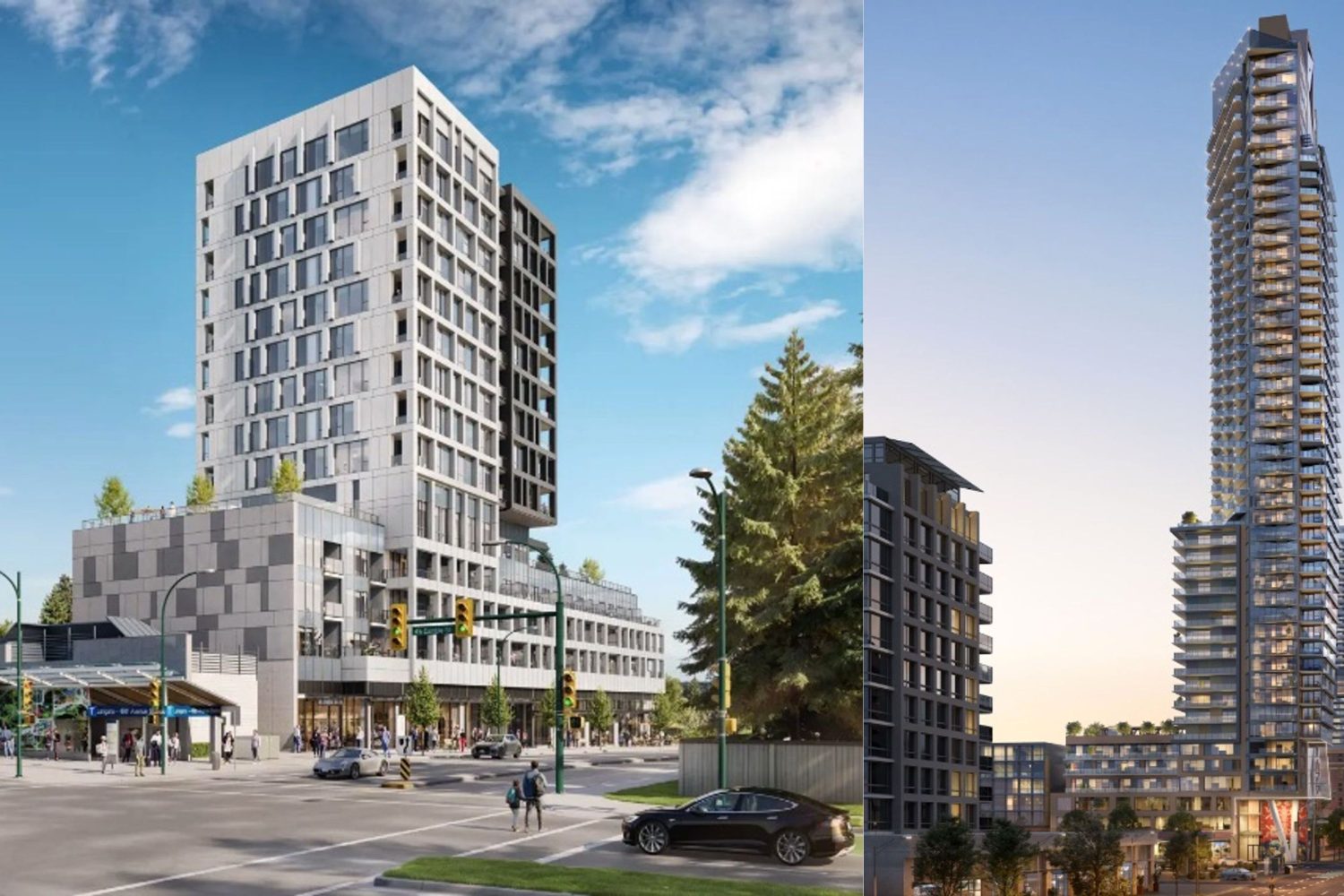 Latitude building rendering on the left and Monogram building rendering on the right. Vancouver West