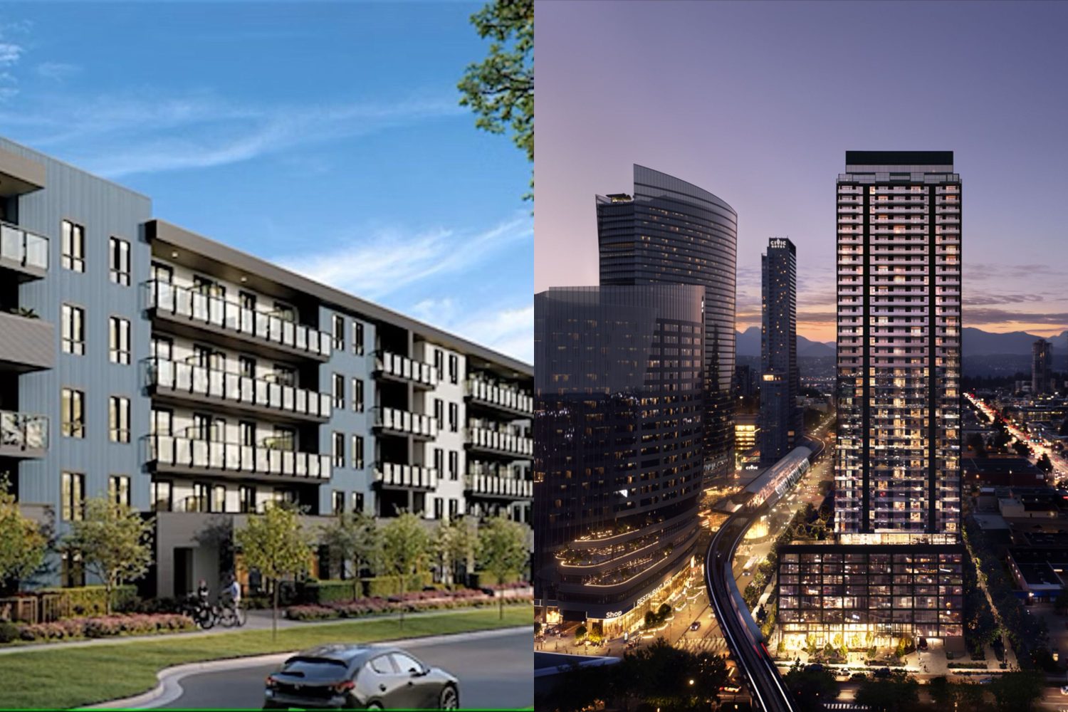 Atlin building rendering on the left, and 102+Park building rendering on the right
